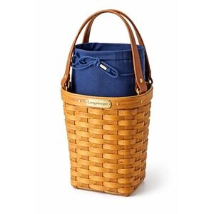 Longaberger Wine Carrier Liner Indigo Blue Fabric Drawstring Tassels 85-09‎